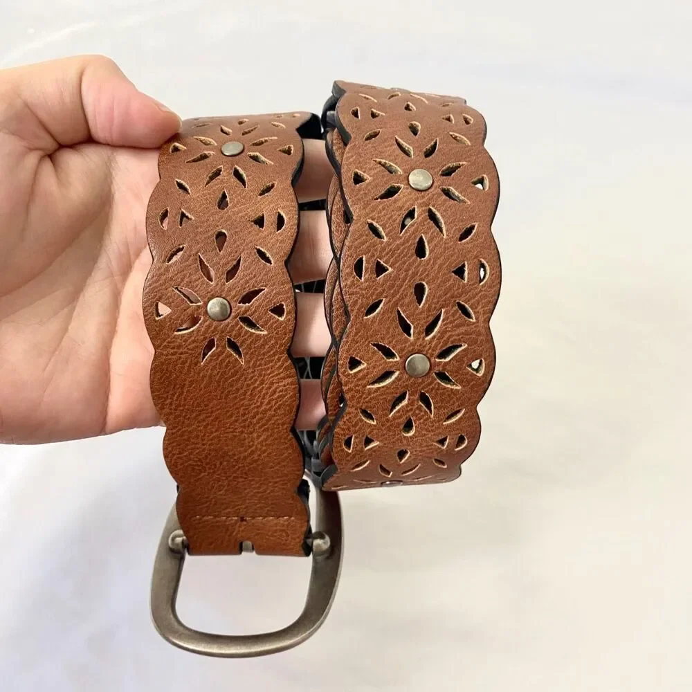 Plus Size Brown Silver Boho Floral Studded Waist Belt 49
